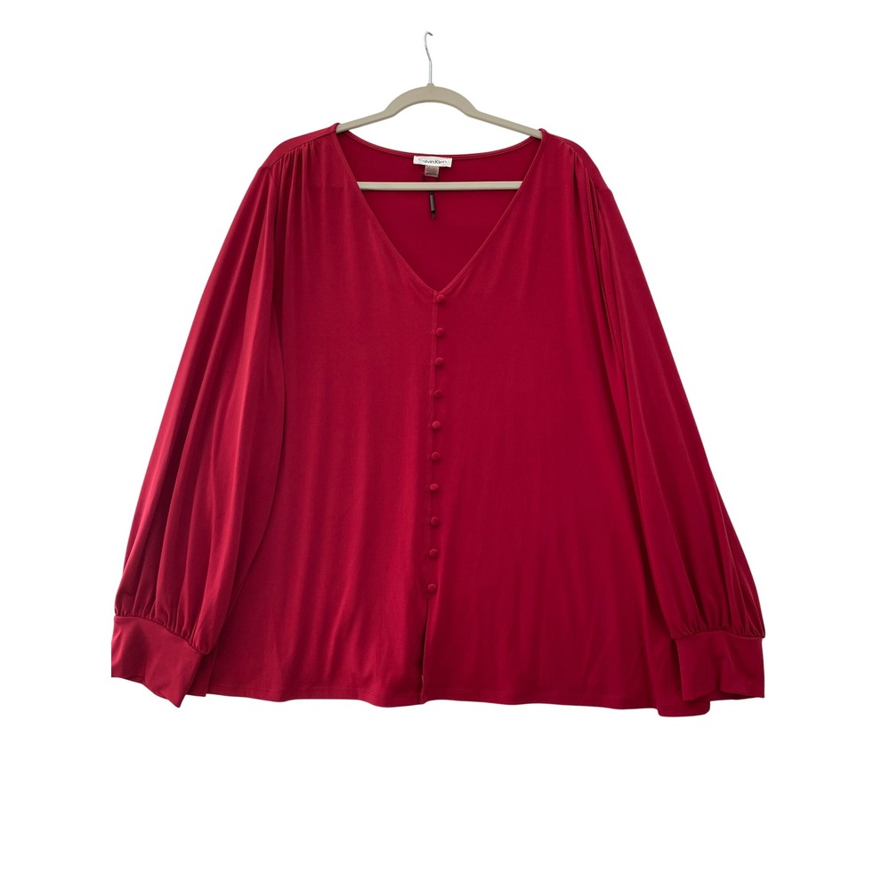 Calvin Klein Blouse Women 3X Red V-Neck Button Front Bishop Sleeve Jersey Top
